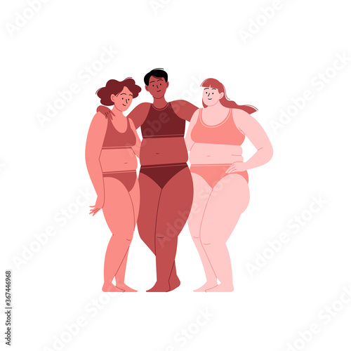 Three women of different skin colors and bodies in underwear standing together hugging. Body positive flat illustration