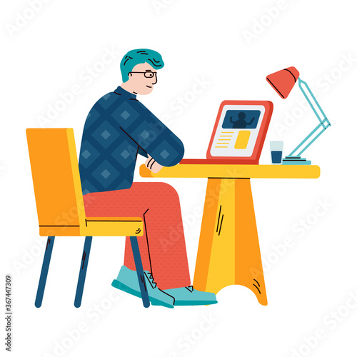 Man watching video on laptop - online education concept with cartoon guy sitting behind study desk and looking at computer screen. Isolated vector illustration.
