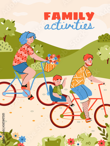 Family activities poster with family riding bike cartoon vector illustration. Parents and children cycling around the countryside and having a bike ride.