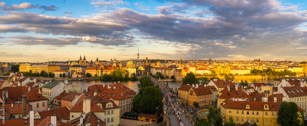 Panorama of Old Prague and the Charles Bridge during a beautiful sunset