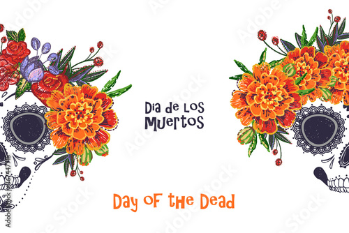 Day of the dead skull poster. Mexican holiday dia de los muertos day promo banner. Halloween poster background, greeting card or t-shirt design on white backdrop.