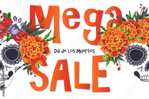 Day of the dead skull poster. Mexican holiday dia de los muertos mega sale day promo banner.