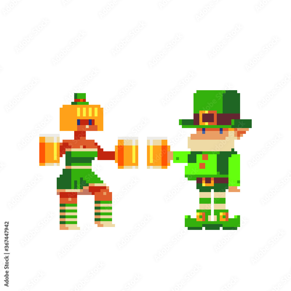 Obraz premium Patrick's woman character and Leprechaun with a mug of beer. St. Patrick's day. Pixel art set. Traditional Irish holiday. Greeting card or invitation design elements. Isolated vector illustration