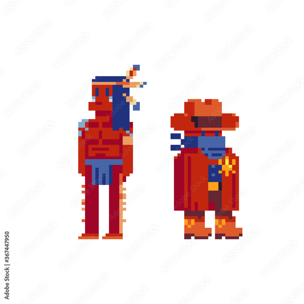 Cowboy pixel art cartoon character wild west theme. Native american Indian  man. Folk costume. Angry thug in mask, robber in hat. Isolated vector  illustration. Video game 8-bit sprite. Stock Vector | Adobe