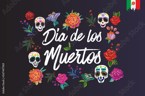 Day of the Dead: lettering text, embroidery, element for decoration traditional mexican holiday. Hand drawn illustration in flat watercolor style on black background.