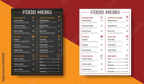 Minimalist vector menu design for cafes and restaurants with two different colors full editable templates.
