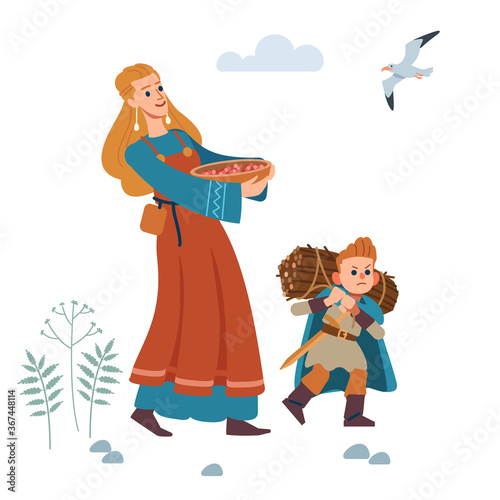 Medieval Viking family. Mother and son are engaged in agriculture. Mother gathered berries, and son bears fuel-wood. Vector isolated illustration. Flat style.