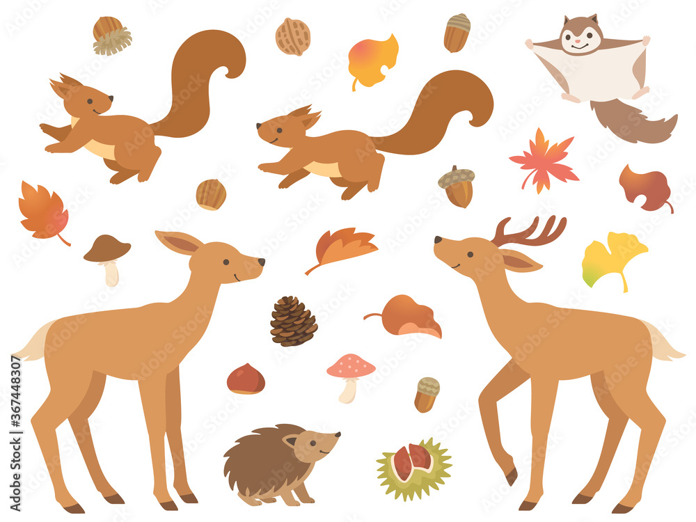 森の動物と秋のアイコンセット