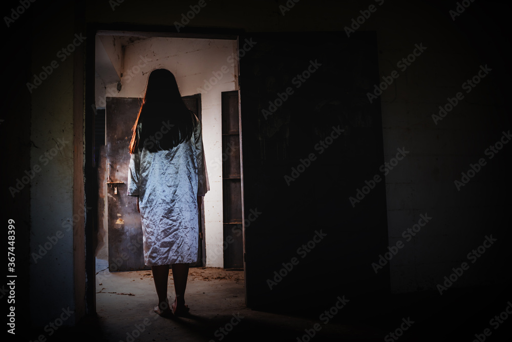 Mysterious Woman, Horror scene of scary ghost woman at the dark corner of old Abandoned building