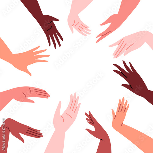 Hands of different skin colors framing blank space. Different ethnicities together