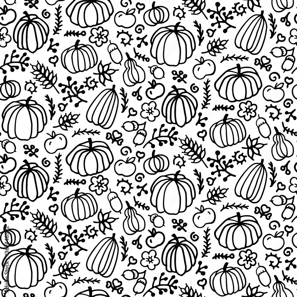 Autumn Fall Floral doodle seamless pattern, vector isolated hand drawn elements