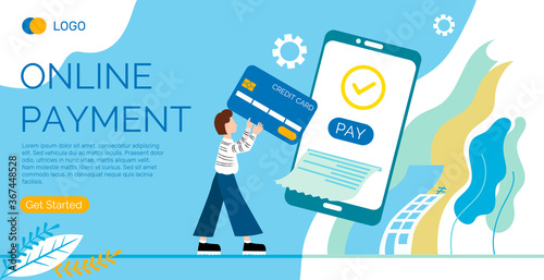 Vector banner template for a web page on the topic of online payment via a mobile app. Vector illustration of a girl carrying a credit card, a mobile phone issuing a receipt. Modern flat style.