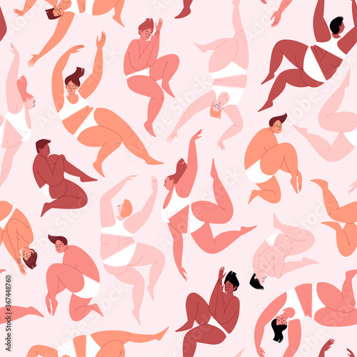 Seamless pattern. Fat women with closed eyes in relaxed poses wearing underwear. Calm and chill vibe. Body positive flat illustration
