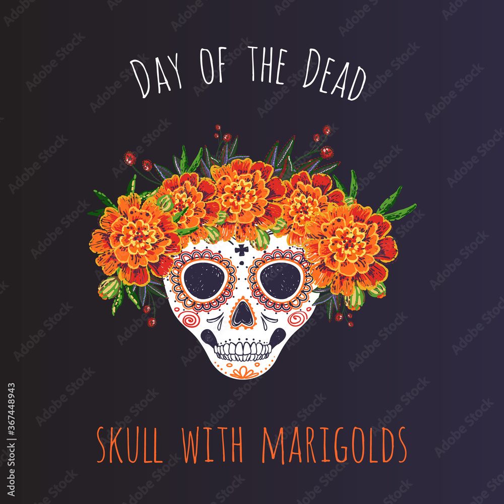 Day of the Dead: skull with marigolds element for decoration traditional mexican holiday. Hand drawn illustration in watercolor style on black background.