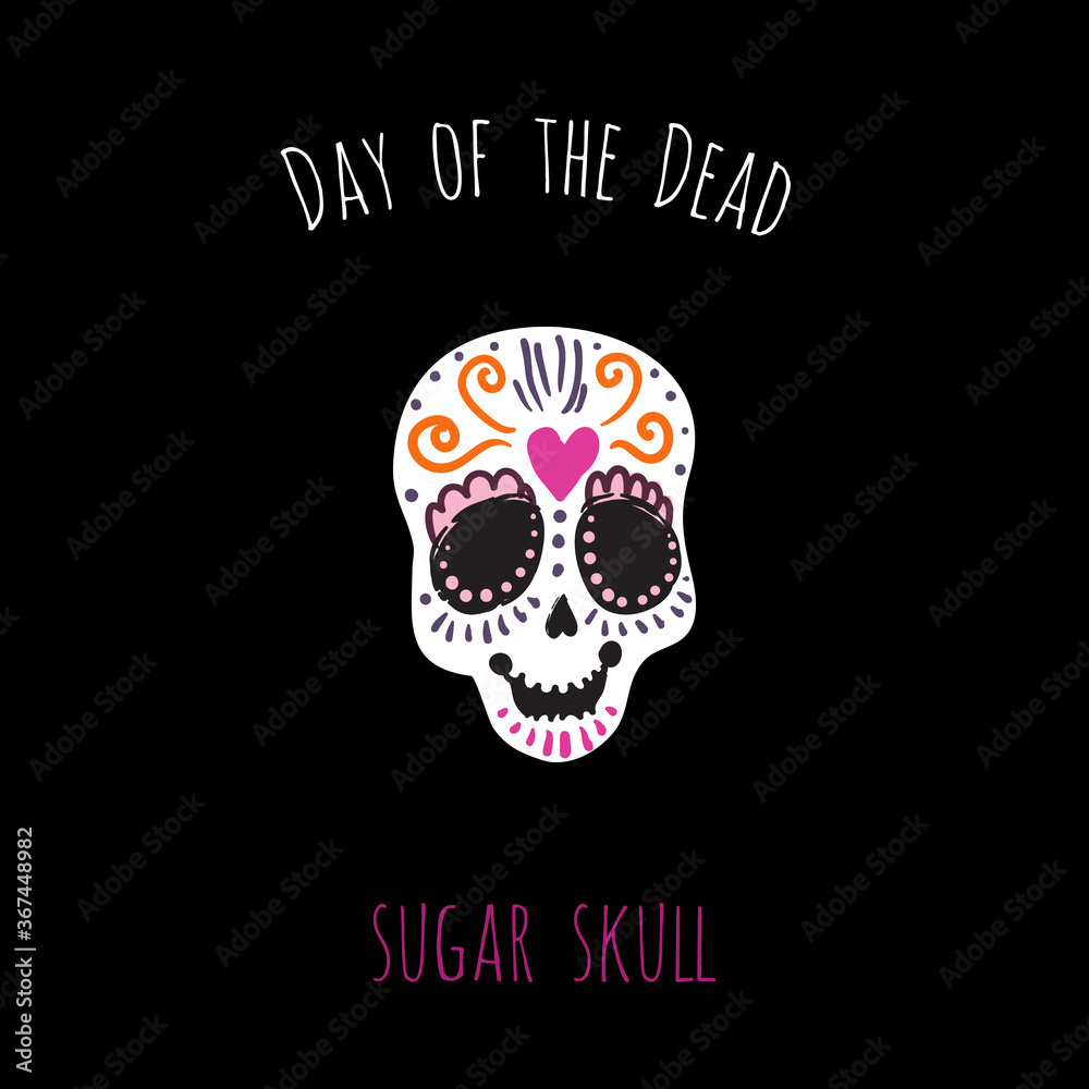 Day of the Dead: sugar skull element for decoration traditional mexican holiday. Hand drawn illustration in watercolor style on black background.