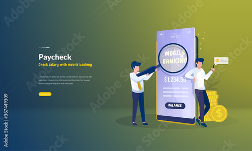 People check salary payment with mobile banking, payday business illustration concept