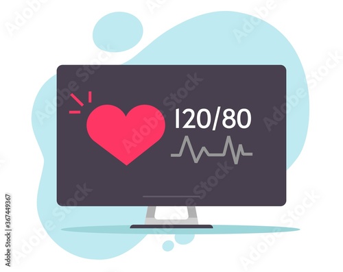 Cardiogram ecg healthcare of heart with heartbeat on computer screen, medical pc with ekg pulse trace and blood pressure diagnostic test vector flat cartoon illustration