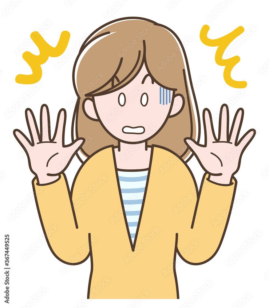 手をあげて驚く若い女性のイラスト