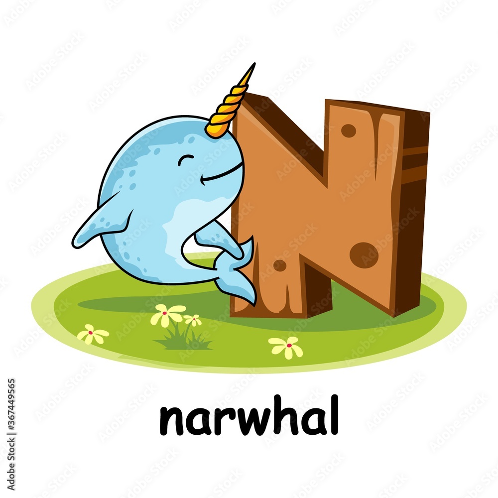 Narwhal Cartoon 3D Wood Alphabet Animals Letter N Stock Vector | Adobe Stock