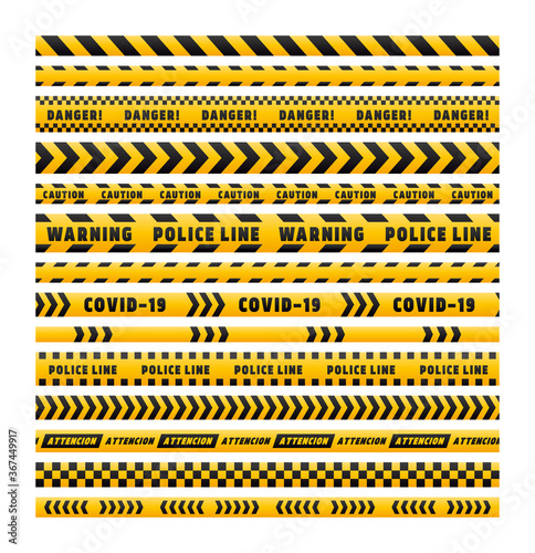Warning tape. Vector seamless caution and danger tapes. Black and yellow stripes set. Danger signs, caution, covid-19, police line, attencion.Police security stripe border. Barricade construction tape © MaryDesy