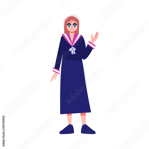 Japanese anime girl in blue school uniform vector illustration