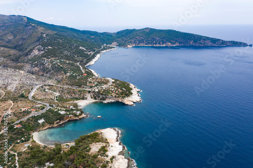 Aerial view of the turquoise sea near Thassos, Greece.