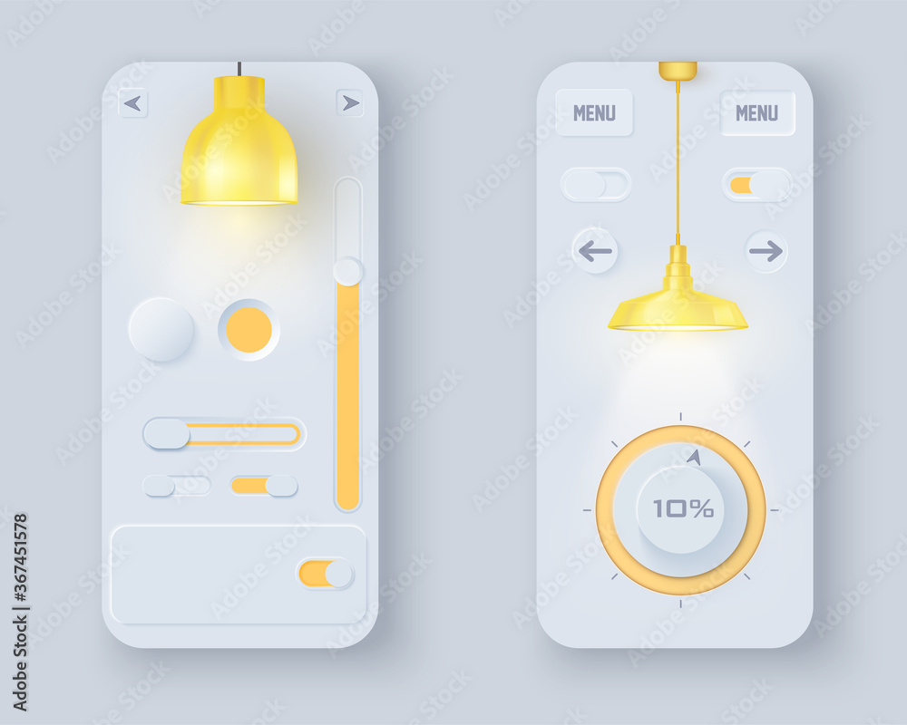 Neumorph UI kit of lamp shop on device screen. Volume Knob with slider ...