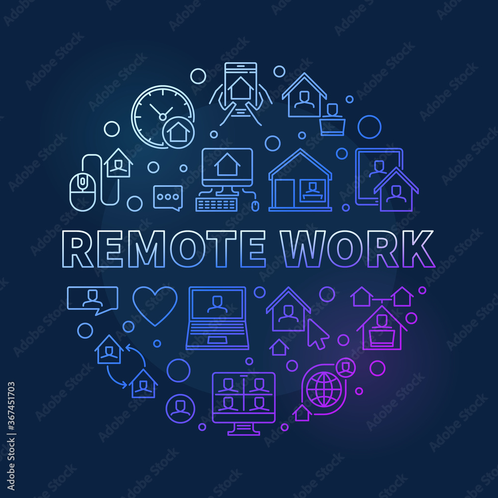 Remote Work vector concept round colored line illustration on dark background