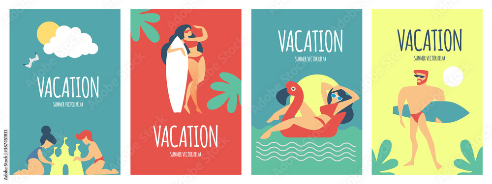 Summer vacation poster set with relaxing people on a beach. Sea holidays.