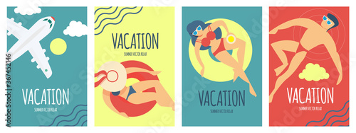 Summer vacation poster set with relaxing people on a beach. Sea holidays.