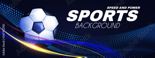 Soccer sport background. 3D realistic ball with light effect.
