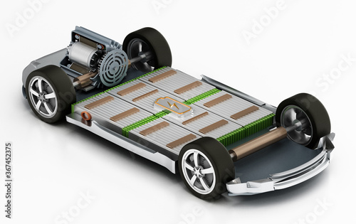 Fictitious electric car chassis with electric engine and batteries. 3D illustration