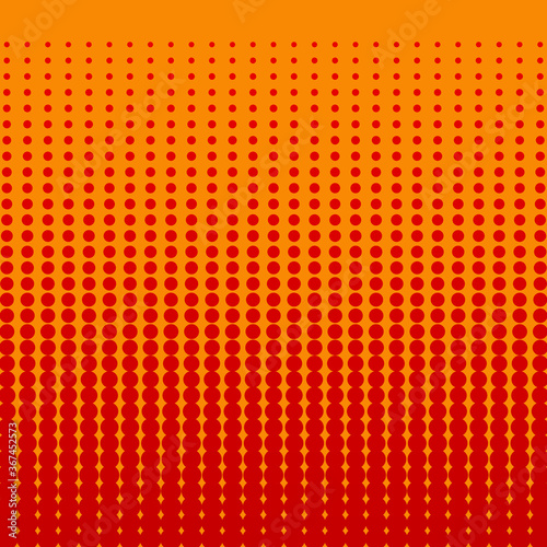 Background for burgers and showcases. Gradation of red dots on an orange background. Halftone technology. Colorful Vector illustration.