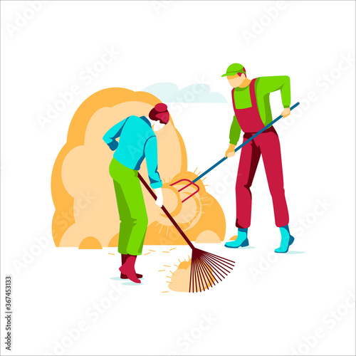 Farmers moving hay in haystack. Agricultural workers working with hay bales on farm with pitchfork and rake. Eco farming and agriculture concept flat vector illustration isolated on white background