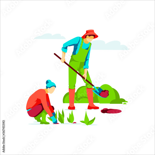 People working in garden or farm. Man digging ground with shovel, woman planting seedlings. Organic gardening, eco farming and agriculture concept flat vector illustration