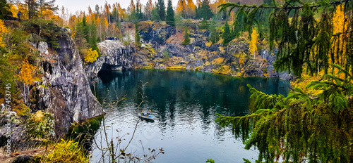 Marble quarry in mountain park  Ruskeala  in autumn.  Republic of Karelia. Russia
