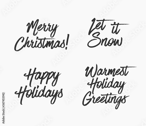 Merry christmas and Happy holidays greeting new year lettering black on white. Isolated sings set