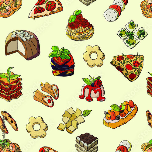 Italian Cuisine. Seamless pattern from Italy dishes. Cartoon style. Stock illustration.