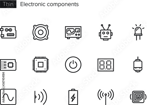 Electronic parts components vector icons set Thin line outline