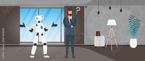 The robot cannot find a solution. The robot makes a helpless gesture. The businessman pondered. Artificial intelligence failure concept. Vector.