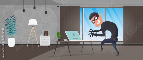 The thief entered the apartment and steals the laptop. An office robber steals data. Security and robbery concept. Vector.