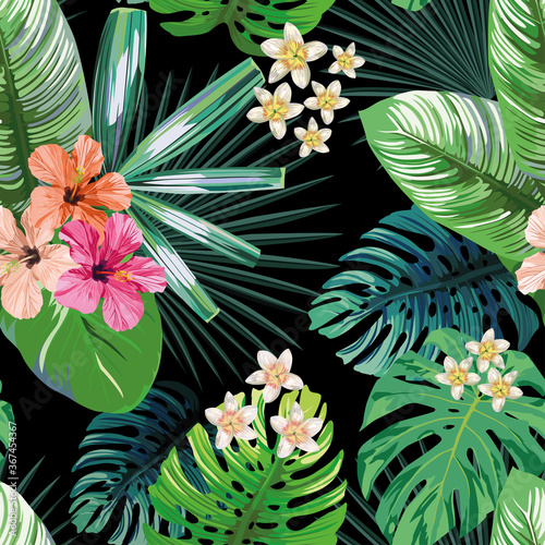 Rose, beige and pink hibiscus flower on a background of palm, banana, monstera leaves and plumeria in a green vector style. Hawaiian tropical natural floral seamless pattern wallpaper