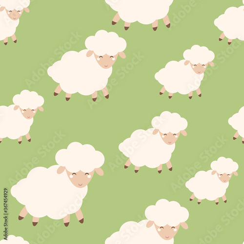 Cute sheep seamless pattern. Animals on the green lawn. Flat vector illustration for children's fabric, Wallpaper and more,