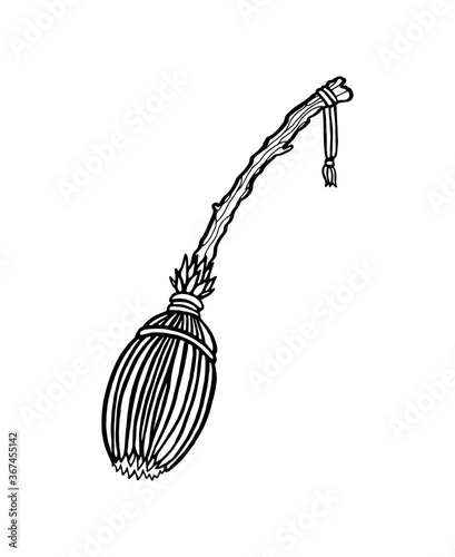A vector outline witch's broom isolated on a white background. Doodle design for Halloween or tattoo. Stock illustration