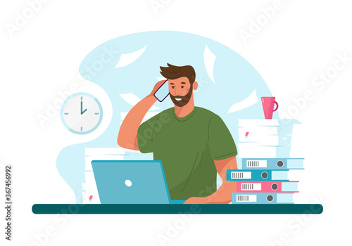 Man with headphone and computer, call center, customer service and support. Flat vector illustration concept of distance work, distance education