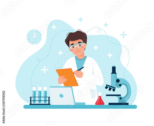Scientist at work, male character conducting experiments in lab. Vector illustration in flat style