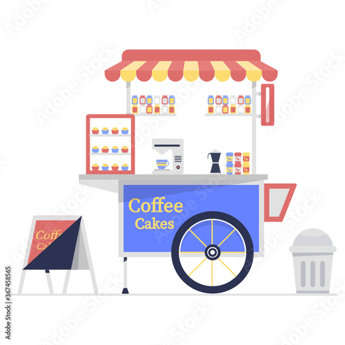 
A disposable coffee shop illustration design, food cart in editable style 
