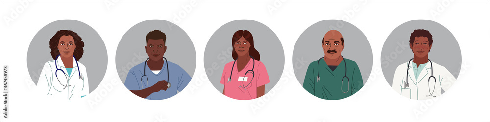African American Medics. Medical Characters. Doctors and nurses round portraits, team of doctors concept, medical office or laboratory. Modern flat vector concept digital people vector illustration African American Medics. Medical Characters. Doctors and nurses round portraits, team of doctors concept, medical office or laboratory. Modern flat vector concept digital people vector illustration