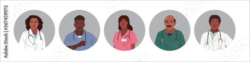 African American Medics. Medical Characters. Doctors and nurses round portraits, team of doctors concept, medical office or laboratory. Modern flat vector concept digital people vector illustration