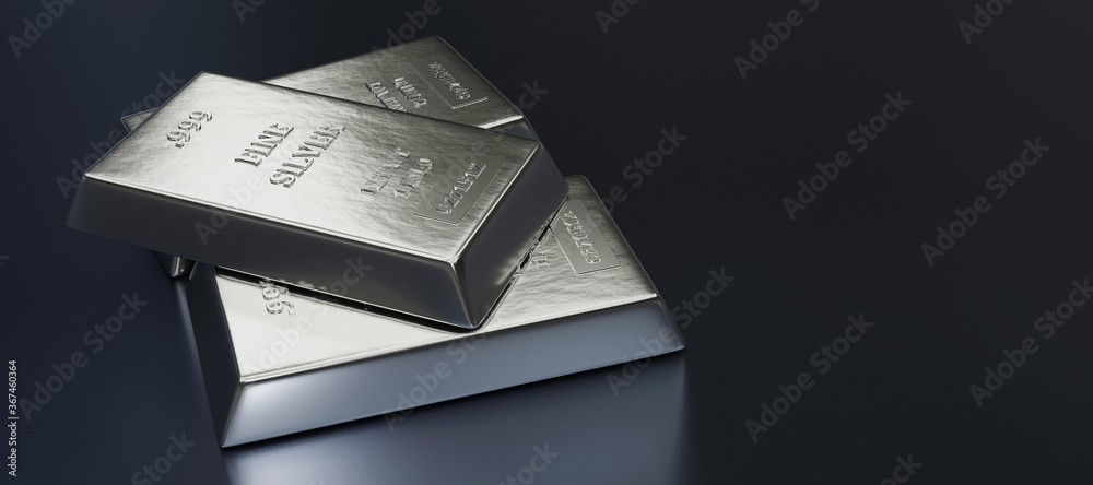 Close up view of Silver bars or ingots in bank vault background. Precious metal.3D illustration  - obrazy, fototapety, plakaty 